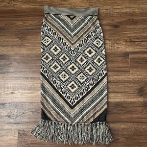 Vintage Free People Wool Blend Fringe Midi Skirt Boho Geometric Print Boho Small